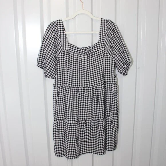 Dex Womens Black White Gingham Tiered Puff Sleeve Button Front miniDress Size XL - Picture 2 of 7